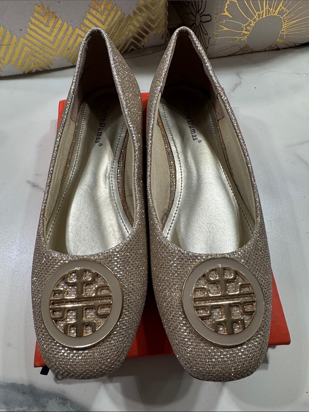 Balerine Pierre Dumas Rose Gold Sparkle Ballet Flats with Medallion